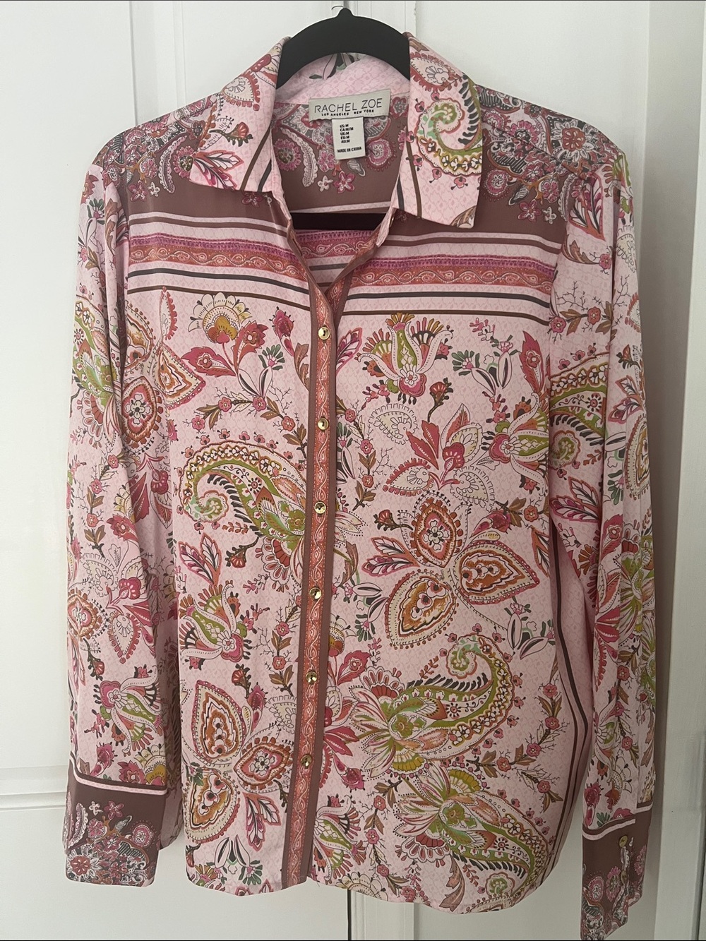 Rachel Zoe beautiful Pink Paisley-Print gold Button-Front Shirt, no tag, but new